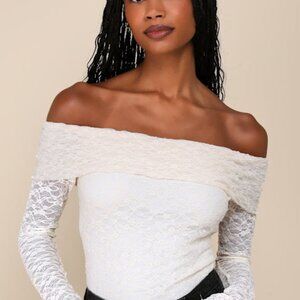 Lulus Serene Date Cream Lace Off-the-shoulder Long Sleeve Top White - Size M